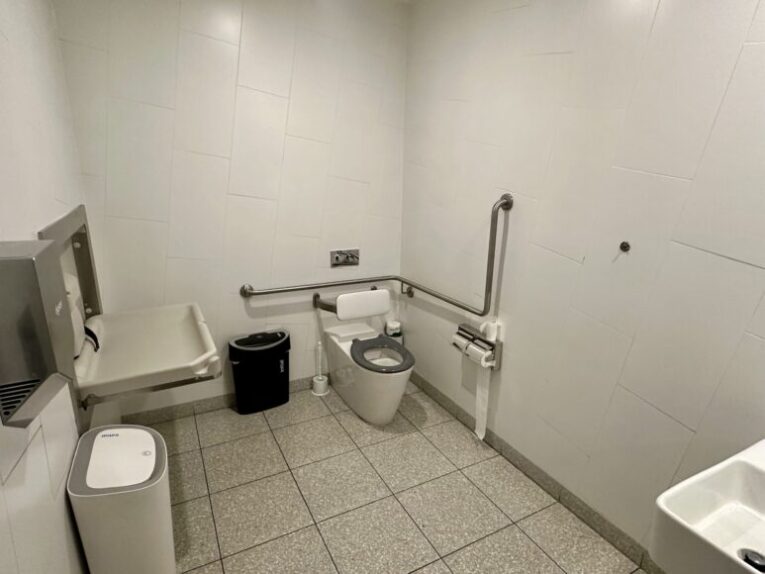 The interior of the ground floor accessible toilet with rails, a change table and a wheelchair accessible space