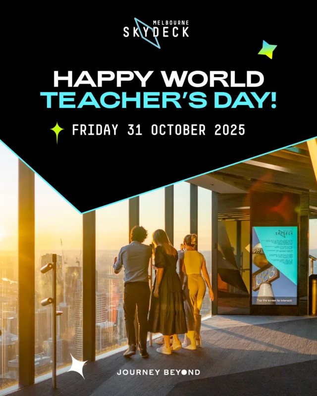 🌍📚 Tomorrow is World Teachers' Day! 🎉 Shout out to all the incredible teachers who shape our futures with their passion, dedication, and expertise. Don’t forget to tell your teachers how much they matter!

To celebrate, teachers will receive FREE GENERAL ADMISSION* to Melbourne Skydeck until 5th November 2025! Just present a valid VIT card at our admissions desk onsite.

Our teachers deserve a break to sit back and relax with sky-high views of the city. 

Learn more in the link in our bio.

*T&Cs apply. See website for details. 

#VICTeachers
 #VICEducation #TeachersOfVictoria #WorldTeachersDay #EducatorsInVictoria