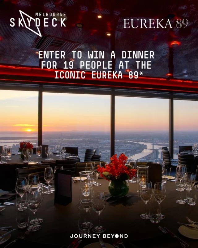 GIVEAWAY TIME, MELBOURNE 🎉

You’re invited to celebrate 19 years of Melbourne Skydeck — and this is no ordinary birthday party.

To mark the milestone, we’re giving you the chance to WIN the ultimate celebration at Eureka 89… think sky-high dining with delicious beverages, incredible views, and your entire crew.

✨ THE PRIZE
WIN an unforgettable Dinner for 19 people at Eureka 89 — Melbourne’s tallest restaurant, 300 metres above ground.

Celebrate in style with exceptional food, Victorian beverage package, and one of the most iconic dining experiences in the country. Because some moments deserve to be shared… with everyone.

✨ PLUS — FOR A LIMITED TIME
Celebrate with us and enjoy:
• 🎟️ $19 Skydeck tickets

• 🎉 $19 upgrade experiences (Voyager Theatre & Edge) 

• 🥂 $19 glasses of Piper-Heidsieck

It’s Melbourne — on another level.

✨ How to enter to win dinner for 19 guests
1️⃣ Like this post
2️⃣ Follow @melbourneskydeck and @89_eureka 
3️⃣ Tag the friends you’d bring to dinner (multiple entries are welcome on separate lines!)

✨ BONUS ENTRY
Share this post to your stories and tag @melbourneskydeck + @89_eureka

📅 Giveaway open now and closes 24 May 2026 at 11.59pm. The winner will be notified via DM on the platform they entered on, within 5 days after the close of giveaway. 

Good luck!

T&C’s listed below and full terms & conditions are also on www.melbourneskydeck.com.au

#MelbourneSkydeck19 #Melbourne #Melbournegiveaway #giveawaymelbourne #whatsonmelb