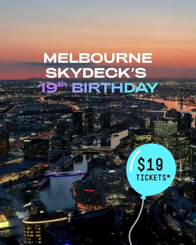 YOU’RE INVITED TO MELBOURNE SKYDECK’S 19TH BIRTHDAY. 🎉☁️

We’re celebrating 19 years on top of the world with 19 days of celebrations — and you’re invited to join the party amongst the clouds. 🥂✨

For a limited time, enjoy:
🎟️ $19 General Admission Tickets*
🎬 $19 Experience Upgrades (Voyager Theatre & Edge)
🥂 $19 Glasses of Piper-Heidsieck Champagne at Bar 88

And the celebrations don’t stop there…

Join us during our birthday weekend on 16 & 17 May between 12pm – 4:30pm for extra family fun, including:
🎨 Face painting for the kids
🍿 Complimentary popcorn
🌆 Incredible 360° Melbourne views from 88 floors high

PLUS — to celebrate turning 19, we’re giving one lucky winner the chance to WIN a dinner party for 19 at @eureka89_dining, Melbourne’s tallest restaurant located one level above Skydeck. The prize includes the Altitude Dining Menu for all 19 people. 🍽️✨

To enter, head to our giveaway post. 👀

Don’t miss your chance to celebrate this milestone with us — here’s to 19 incredible years and many more to come. 💙

*T&C’s apply

#MelbourneSkydeck19 #whatsonmelb #melbourne #observationdeck #visitmelbourne