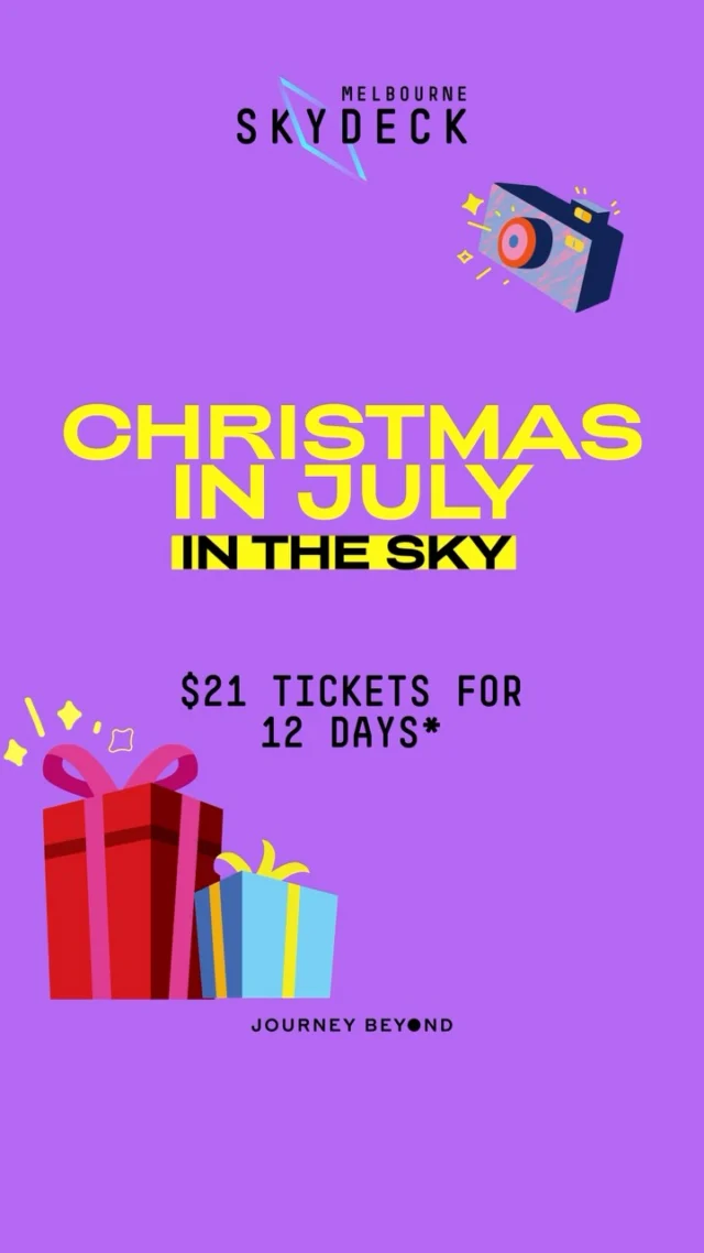 🎄✨ Christmas in July has arrived… in the sky above Melbourne! ✨🎄

Celebrate the season with spectacular views, festive vibes and exclusive offers at Melbourne Skydeck & Eureka 89. ❄️🌆

For 12 days only, General Admission tickets are just $21 (save $12 on adult tickets!), with the option to upgrade your experience with Voyager Theatre + The Edge for an extra $21.

🎁 Plus, don’t miss our 12 Days of Sky-High Gifting, launching tonight, with exciting prizes to be won every day.

📅 Book between 20–31 July and select a date to visit anytime until 31 August 2026.

Whether you’re planning a date night, family adventure or catching up with friends, there’s never been a better time to experience Melbourne from the highest observation deck in the Southern Hemisphere.

Book now at: https://www.melbourneskydeck.com.au/christmas-in-july/ ✨

T&Cs apply. Online bookings only.

#melbourneskydeck #whatsonmelb #christmasinjuly #visitmelbourne #melbourne