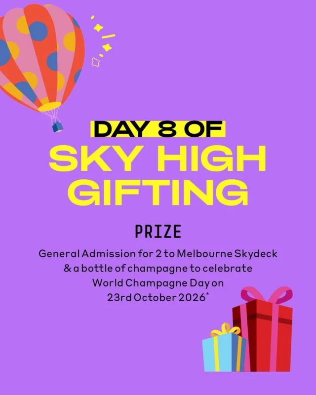 🎄 12 Days of Sky-High Gifting – DAY 8 ✨
@melbourneskydeck x @89_eureka

🥂 On the eighth day of Christmas in July in the sky...Melbourne Skydeck gave to me... the chance to WIN a sky-high date for two! ✨

🎁 DAY 8 PRIZE
General Admission for 2 to Melbourne Skydeck plus a bottle of Champagne to celebrate World Champagne Day on 23 October 2026 (valued at $206).

Take in spectacular 360° views from the Southern Hemisphere’s highest observation deck before raising a glass to an unforgettable day above Melbourne. There’s no better way to celebrate World Champagne Day than with breathtaking views and bubbles to match. 🥂✨

To enter to win today’s prize:
1️⃣ Follow @melbourneskydeck and @89_eureka on Instagram or Facebook (whichever platform you’re entering from).
2️⃣ Tag a friend in the comments below (multiple entries welcome – one tag per comment).
3️⃣ Like this post.

Good luck! 🍾✨

Twelve winners will be drawn at random at the end of the promotion, with one winner selected for each of the 12 prizes.

To be eligible, enter on the prize post for the specific day you’d like to win, as entries only apply to that day’s prize. Entries are open across both Instagram and Facebook for both Melbourne Skydeck and Eureka 89.

For full Terms & Conditions, visit: https://www.melbourneskydeck.com.au/competition-terms-and-conditions/

Prize includes two General Admission tickets to Melbourne Skydeck and one bottle of Champagne. Entrants and the winner must be 18 years or over to receive the Champagne.

#melbourneskydeck #eureka89 #WorldChampagneDay #melbournegiveaway #giveawaymelbourne