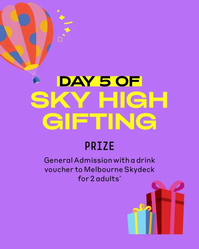 🎄 12 Days of Sky-High Gifting – DAY 5 ✨
@melbourneskydeck x @89_eureka

🎶 On the fifth day of Christmas in July in the sky... Melbourne Skydeck gave to me, the chance to WIN......

🎁 DAY 5 PRIZE
General Admission for Two Adults to Melbourne Skydeck, plus two drink vouchers for Bar 88, valued at $116.

Soak up breathtaking 360° views from the Southern Hemisphere’s highest observation deck, then raise a glass together as you take in Melbourne from 300 metres above the city.

To enter to win today’s prize:
1️⃣ Follow @melbourneskydeck and @89_eureka on Instagram or Facebook (whichever platform you’re entering from).
2️⃣ Tag a friend in the comments below (multiple entries welcome – one tag per comment).
3️⃣ Like this post.

Good luck! 🍾✨

Twelve winners will be drawn at random at the end of the promotion, with one winner selected for each of the 12 prizes.

To be eligible, enter on the prize post for the specific day you’d like to win, as entries only apply to that day’s prize. Entries are open across both Instagram and Facebook for both Melbourne Skydeck and Eureka 89.

For full Terms & Conditions, visit: https://www.melbourneskydeck.com.au/competition-terms-and-conditions/

*Prize includes General Admission for two adults to Melbourne Skydeck and two drink vouchers for Bar 88.

#melbourneskydeck #eureka89 #ChristmasinJuly #melbournegiveaway #giveawaymelbourne