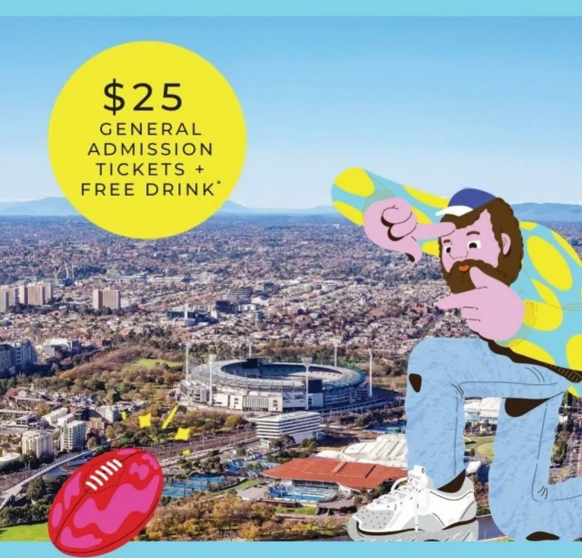 ELEVATE GAME DAY FOR $25 🏉🏈🍻
The highest seat in the house is waiting!

Footy fever is sweeping across Melbourne with AFL Finals, plus the upcoming NFL match.🔥

Take game day to new heights with $25 admission to Melbourne Skydeck, including a house beer or wine, and discover Melbourne’s sporting capital from a whole new perspective.

Whether you’re heading to the footy or taking in the festivities from above, make Melbourne Skydeck part of your game-day plans. Soak up breathtaking 360° views and raise a glass from 88 floors high.

Because every great game deserves a sky-high experience. ✨

The Footy Fever Offer is available online and onsite, including weekends, for a limited time only.

🎟️ Book now via the link in bio or simply quote “Footy Fever” when you arrive at Melbourne Skydeck.

*T&C’s apply.

#nrl #afl #melbourneskydeck #visitmelbourne #WhatsonMelb